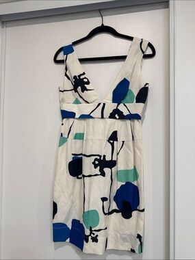 Mint White Dress with Blue and Teal Abstract Print